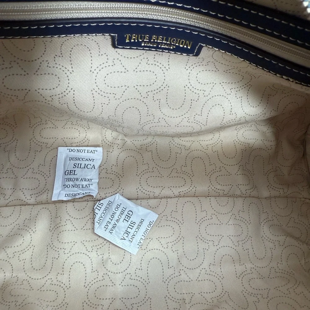 NWT True Religion Blue Denim Distressed Patch Satchel Crossbody Handbag Charms - Picture 6 of 6